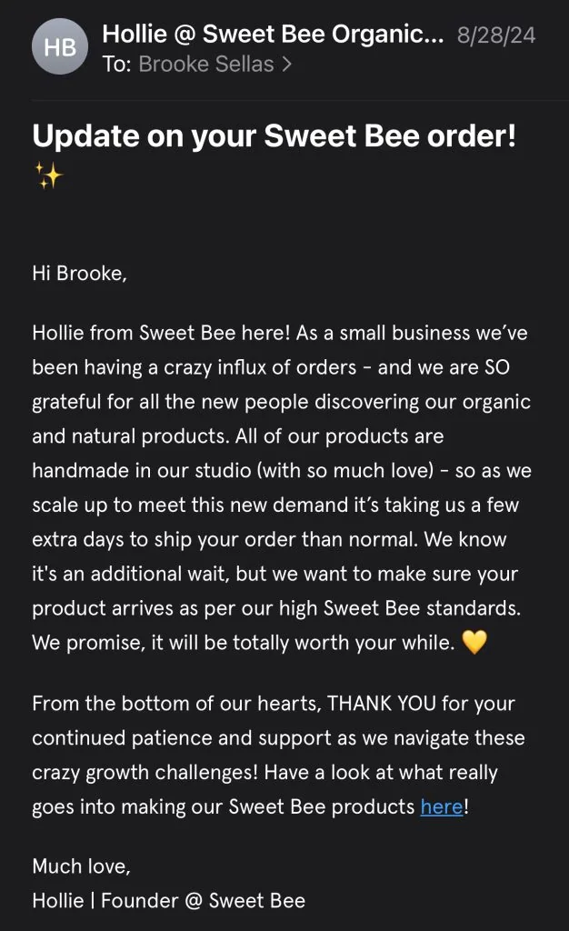 sweet bee organics post sale follow up CX sweet bee organics post sale follow up CX
