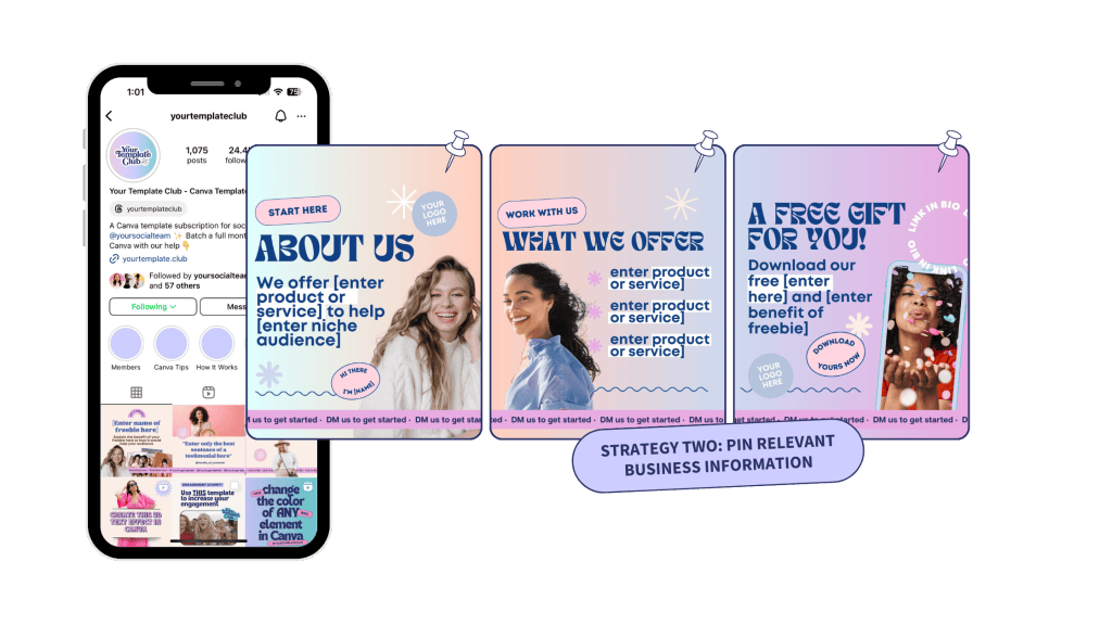 Strategy+Two+ +Your+Template+Club+ +3+Strategic+Ways+to+Use+Instagram+Pinned+Posts+for+Your+Small+Business+ +Instagram+Canva+Template+Membership